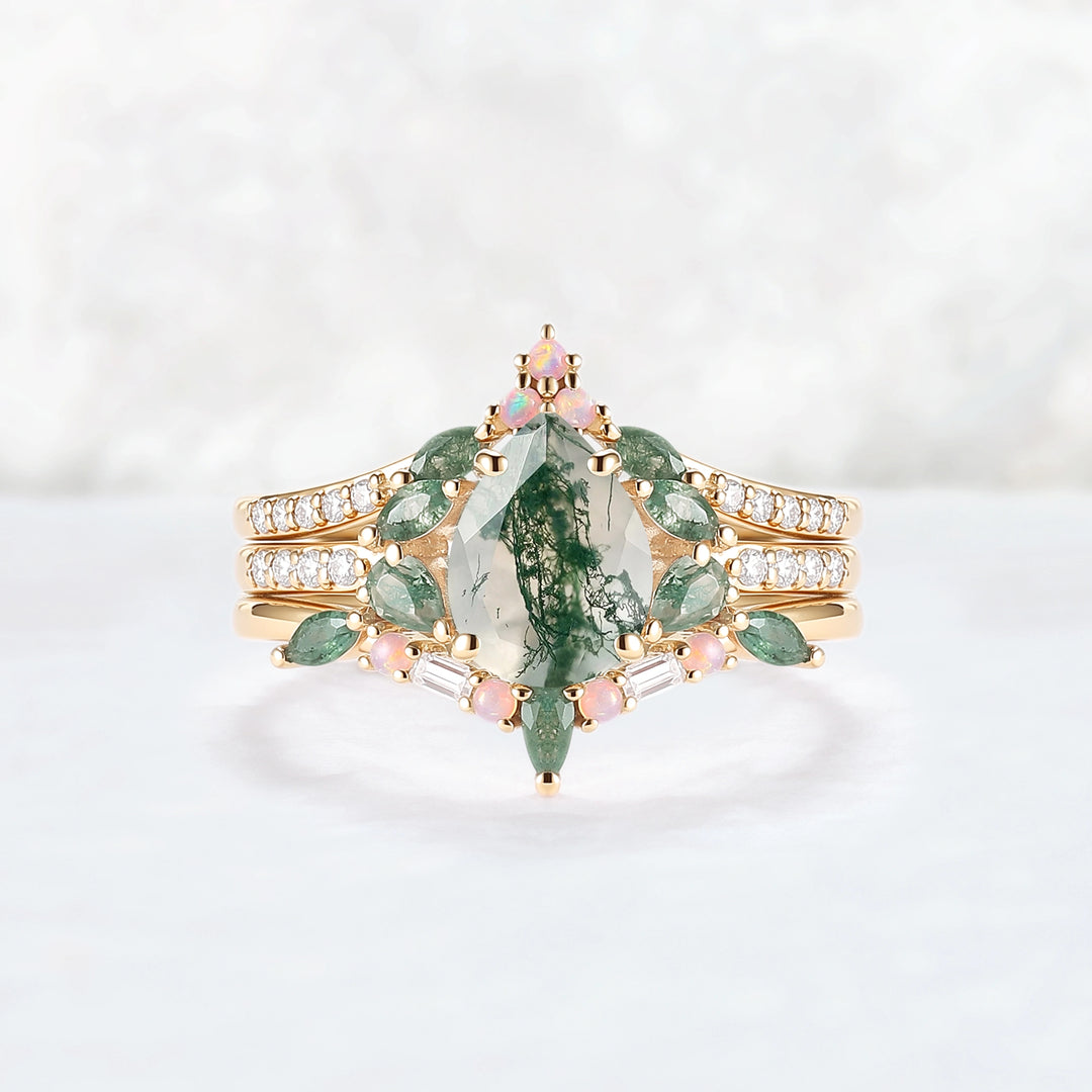 Evergreen Glow Pear-Cut Moss Agate Stacking Ring Set 3pcs