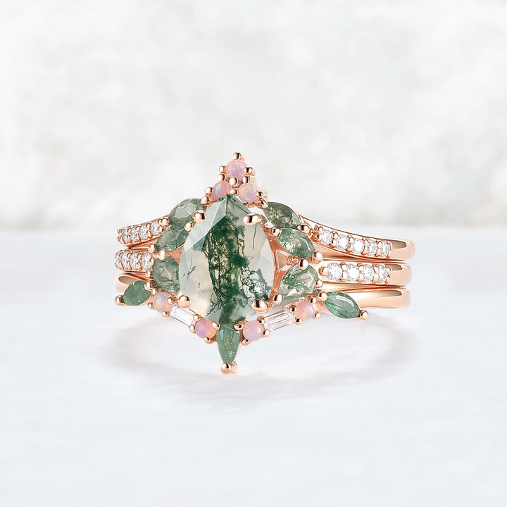 Evergreen Glow Pear-Cut Moss Agate Stacking Ring Set 3pcs