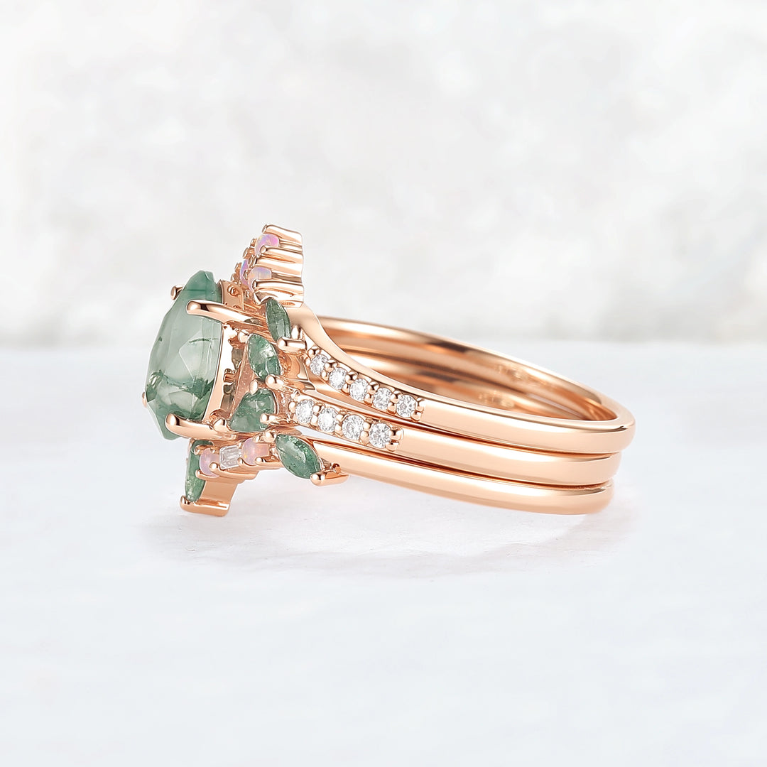 Evergreen Glow Pear-Cut Moss Agate Stacking Ring Set 3pcs