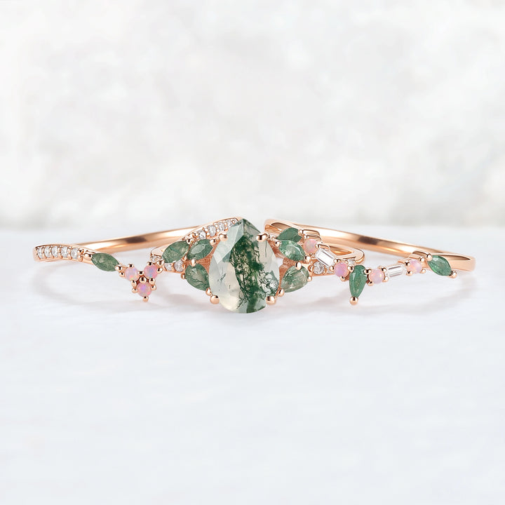 Evergreen Glow Pear-Cut Moss Agate Stacking Ring Set 3pcs
