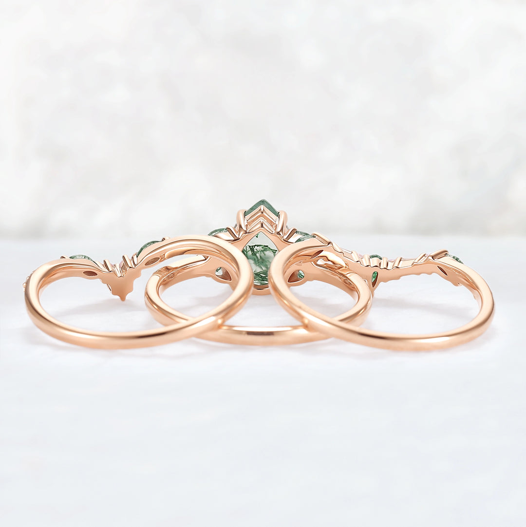 Evergreen Glow Pear-Cut Moss Agate Stacking Ring Set 3pcs