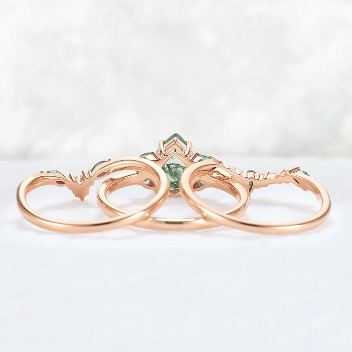 Evergreen Glow Pear-Cut Moss Agate Stacking Ring Set 3pcs