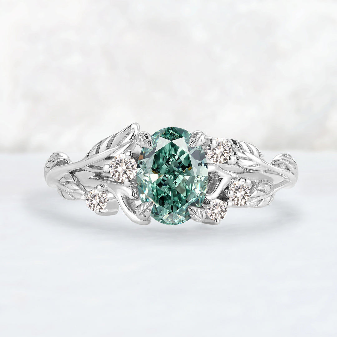 Everleaf with 1ct Oval Certified Lab Green Diamond Ring in 10K White Gold