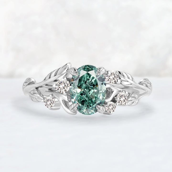 Everleaf with 1ct Oval Certified Lab Green Diamond Ring in 10K White Gold