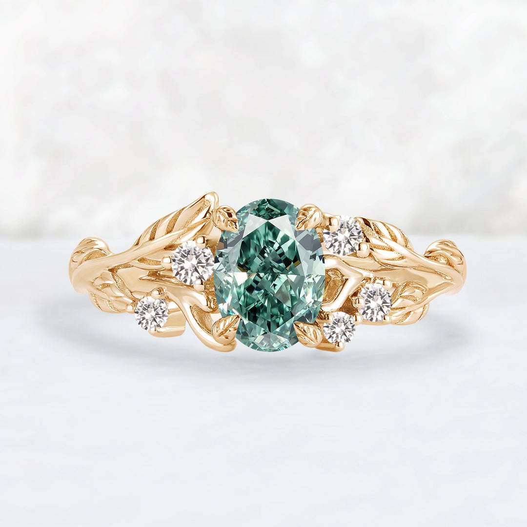 Everleaf with 1ct Oval Certified Lab Green Diamond Ring in 10K White Gold