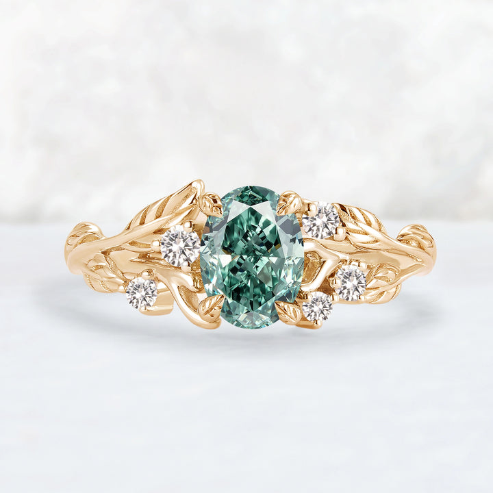 Everleaf with 1ct Oval Certified Lab Green Diamond Ring in 10K White Gold