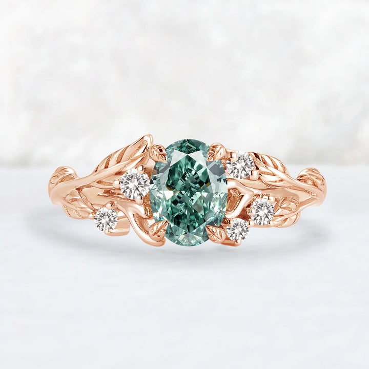Everleaf with 1ct Oval Certified Lab Green Diamond Ring in 10K White Gold