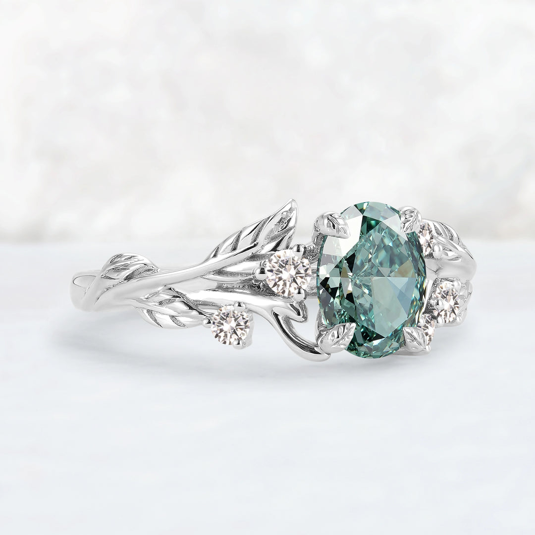 Everleaf with 1ct Oval Certified Lab Green Diamond Ring in 10K White Gold