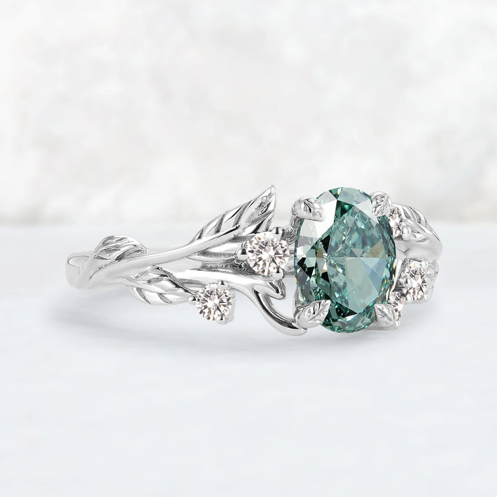 Everleaf with 1ct Oval Certified Lab Green Diamond Ring in 10K White Gold