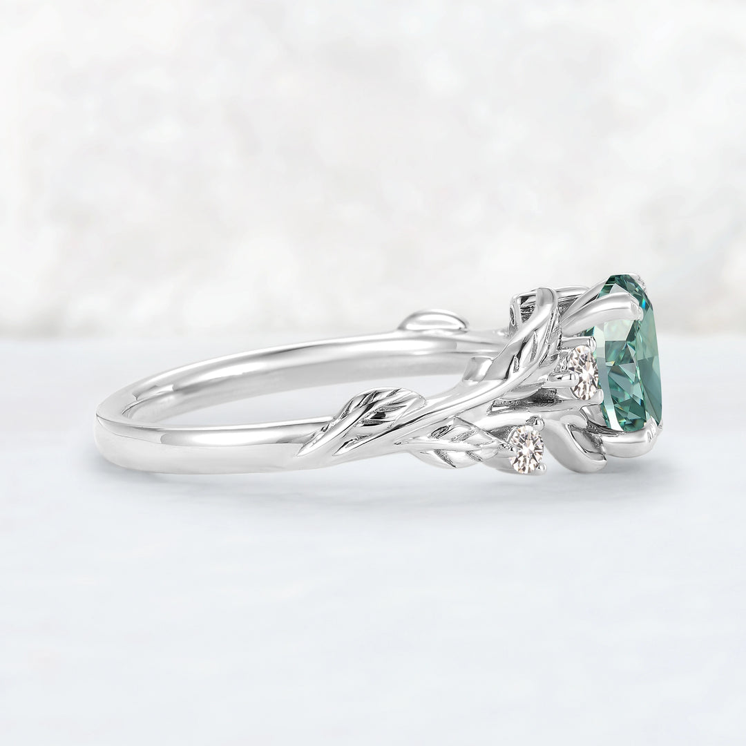 Everleaf with 1ct Oval Certified Lab Green Diamond Ring in 10K White Gold