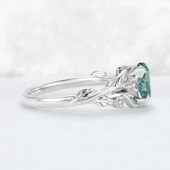 Everleaf with 1ct Oval Certified Lab Green Diamond Ring in 10K White Gold