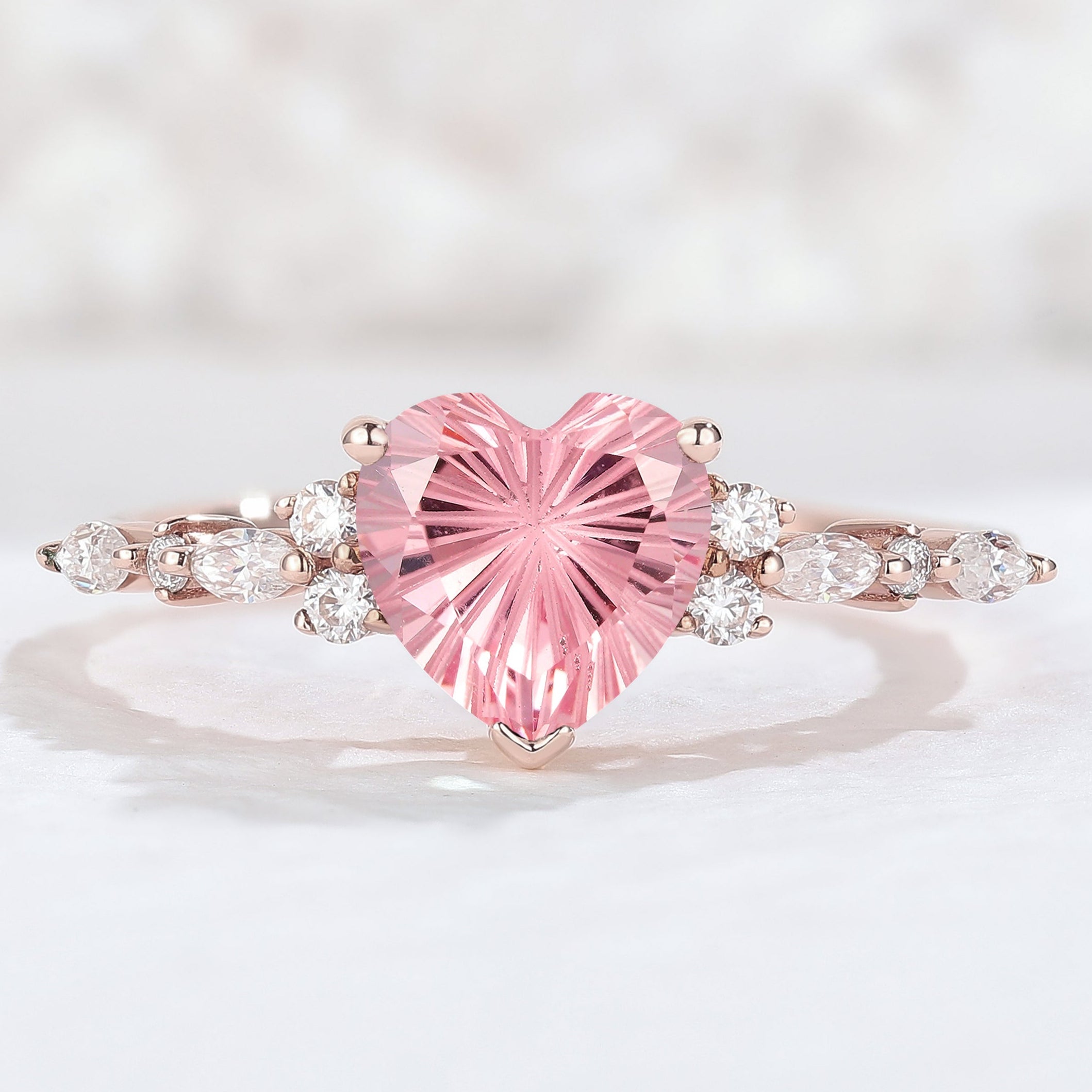 Fire Cut Pink Sapphire and Moissanite Engagement Ring - Iver Jewelry