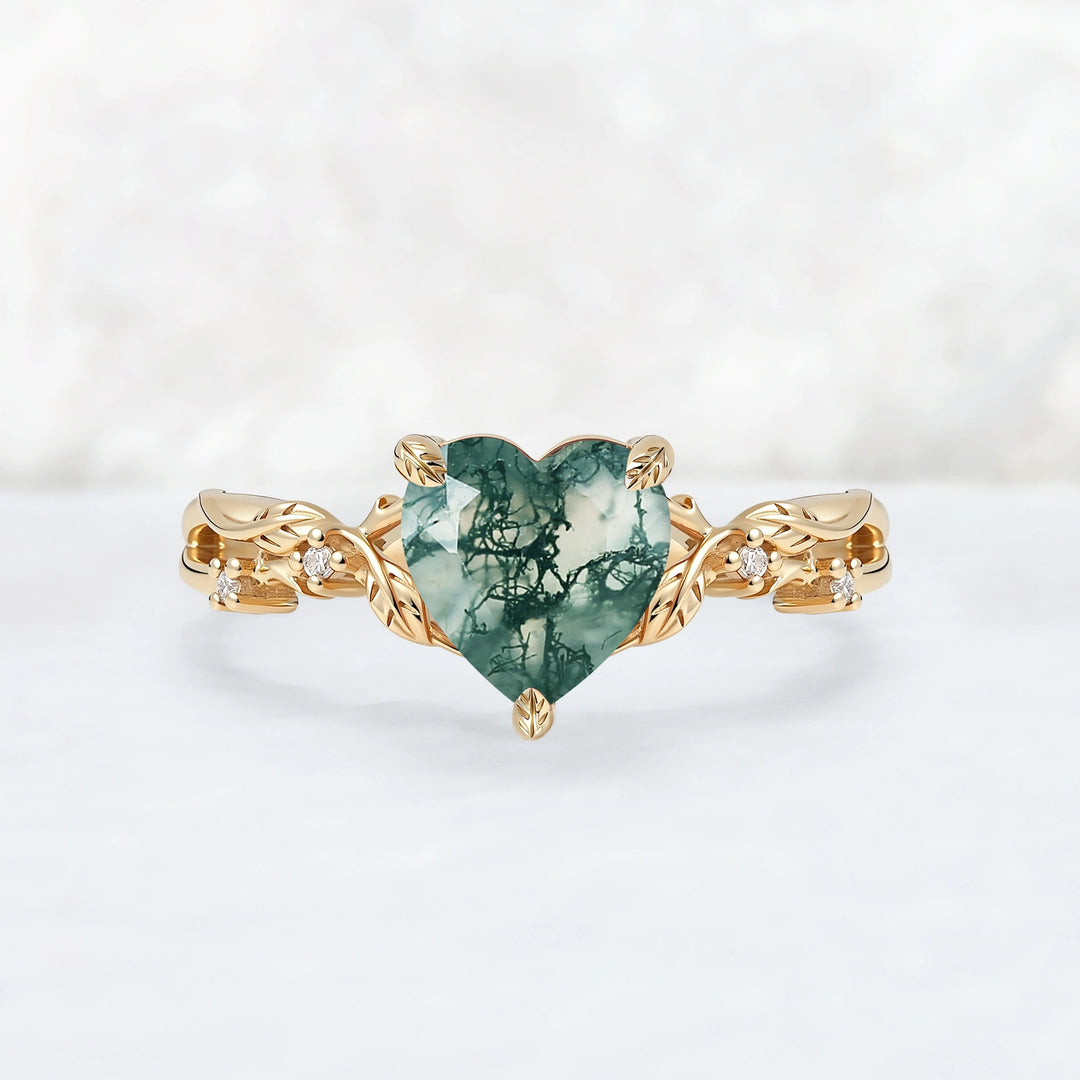 Nature Inspired Heart Cut Moss Agate Leafy Gemstone Ring