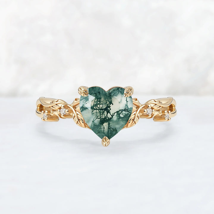 Nature Inspired Heart Cut Moss Agate Leafy Gemstone Ring