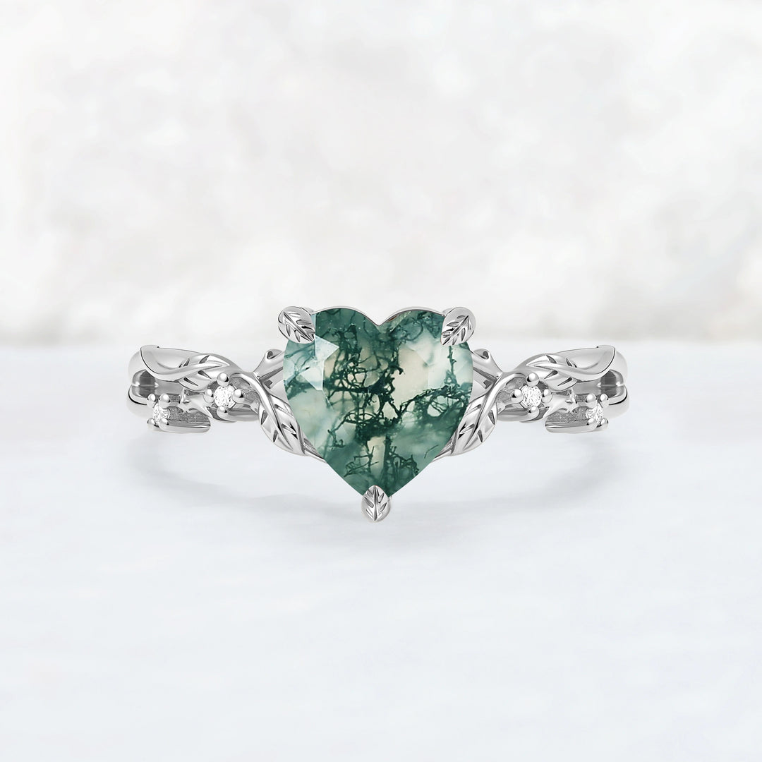 Nature Inspired Heart Cut Moss Agate Leafy Gemstone Ring