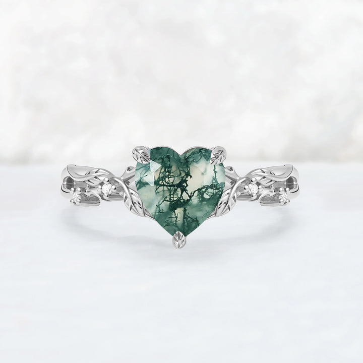 Nature Inspired Heart Cut Moss Agate Leafy Gemstone Ring