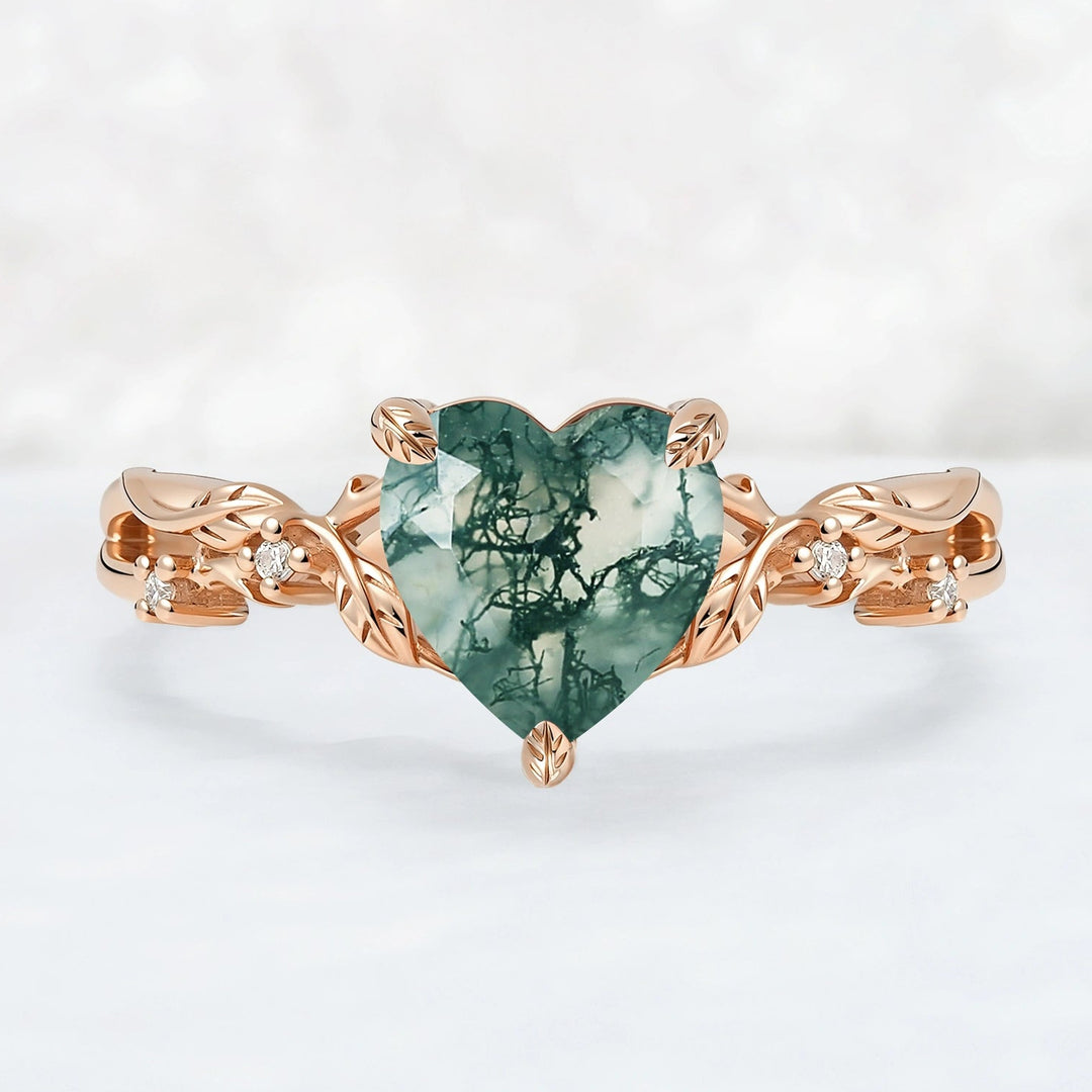 Nature Inspired Heart Cut Moss Agate Leafy Gemstone Ring