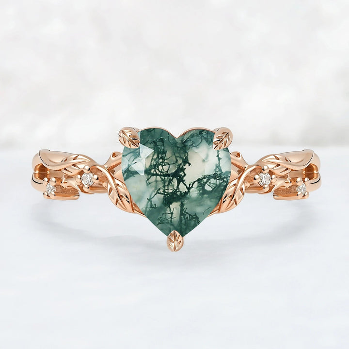 Nature Inspired Heart Cut Moss Agate Leafy Gemstone Ring