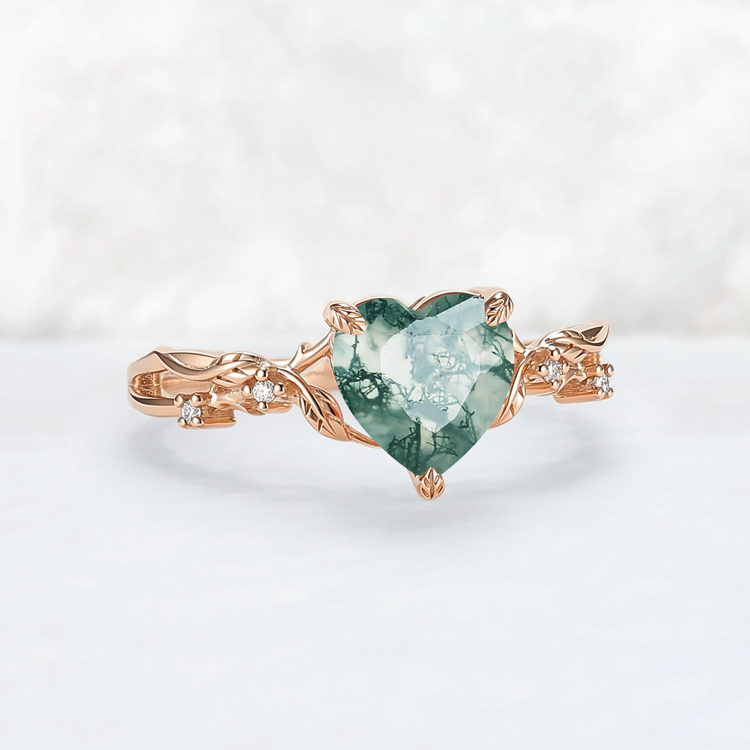 Nature Inspired Heart Cut Moss Agate Leafy Gemstone Ring