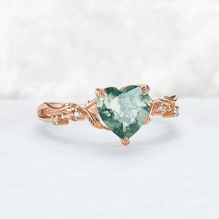 Nature Inspired Heart Cut Moss Agate Leafy Gemstone Ring