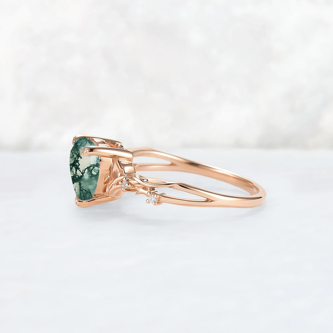 Nature Inspired Heart Cut Moss Agate Leafy Gemstone Ring