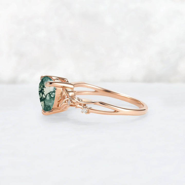 Nature Inspired Heart Cut Moss Agate Leafy Gemstone Ring
