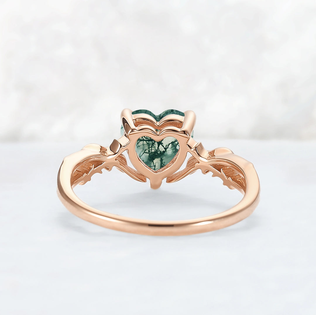 Nature Inspired Heart Cut Moss Agate Leafy Gemstone Ring