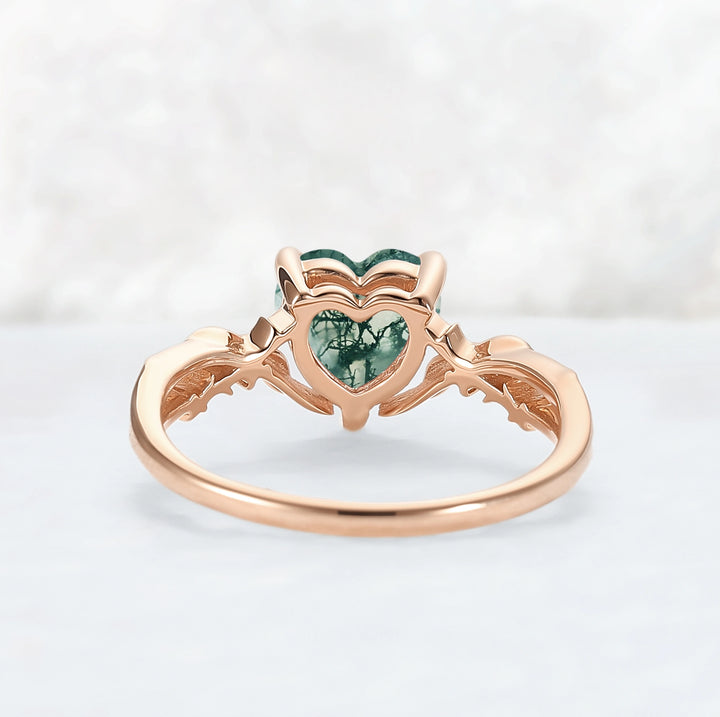 Nature Inspired Heart Cut Moss Agate Leafy Gemstone Ring