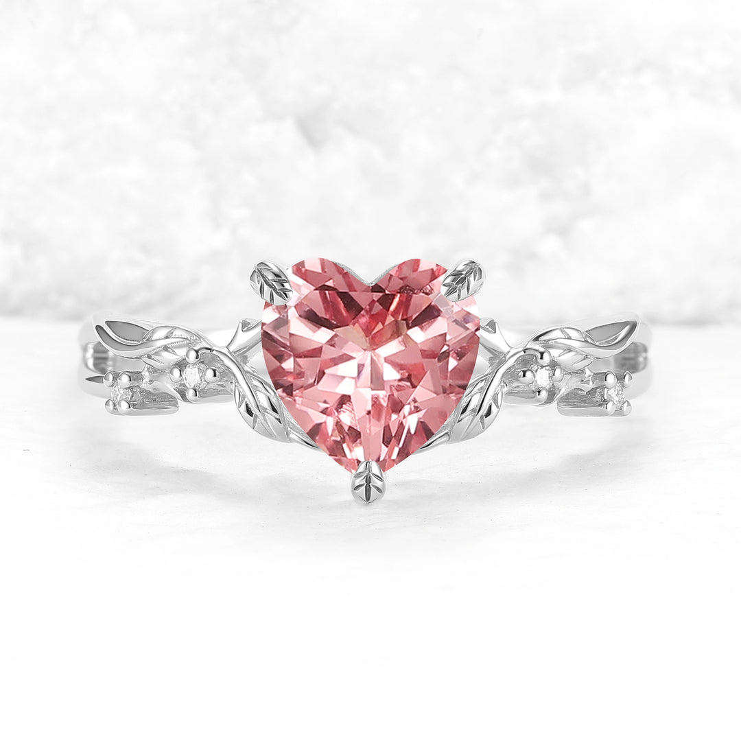 Nature Inspired Heart Cut Pink Sapphire Leafy Gemstone Ring