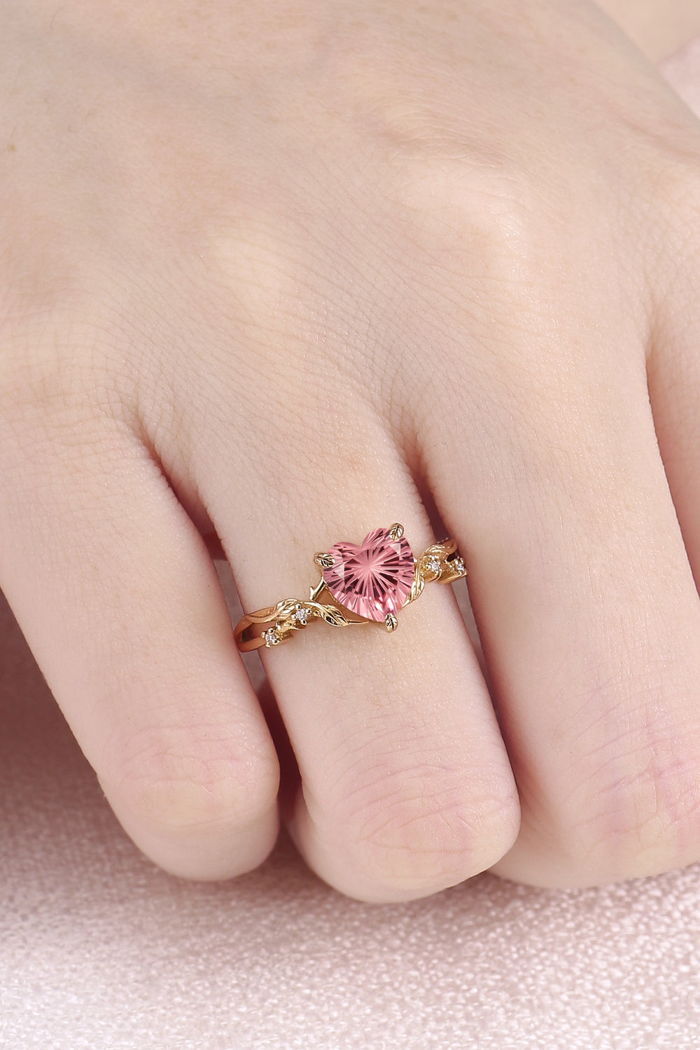 Fire Cut Heart Shaped Pink Sapphire Leafy Gemstone Ring