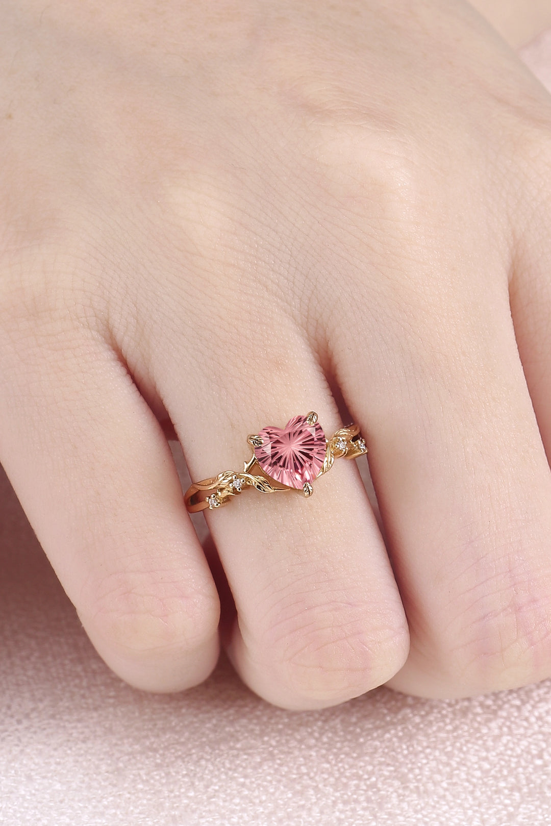 Fire Cut Heart Shaped Pink Sapphire Leafy Gemstone Ring