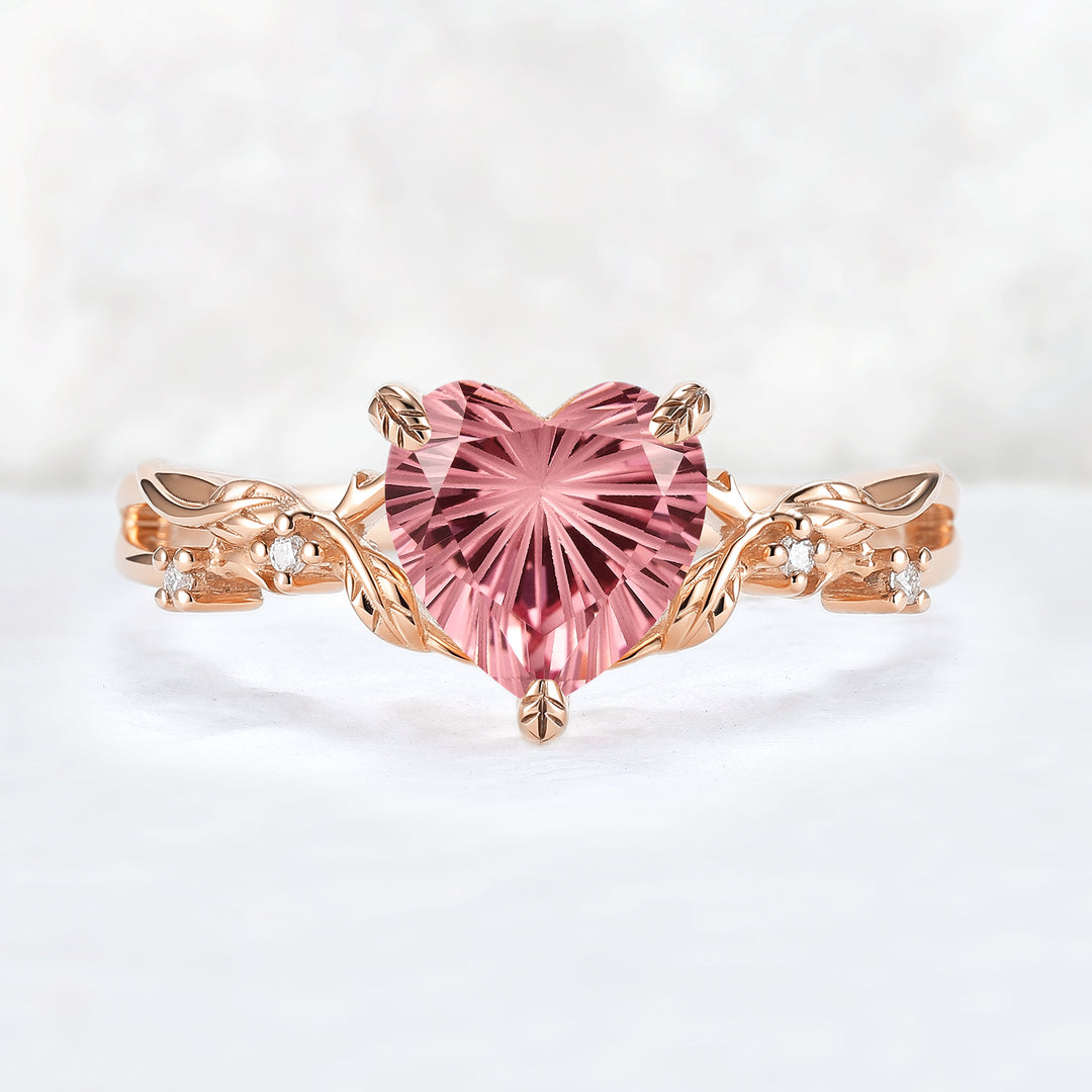 Fire Cut Heart Shaped Pink Sapphire Leafy Gemstone Ring