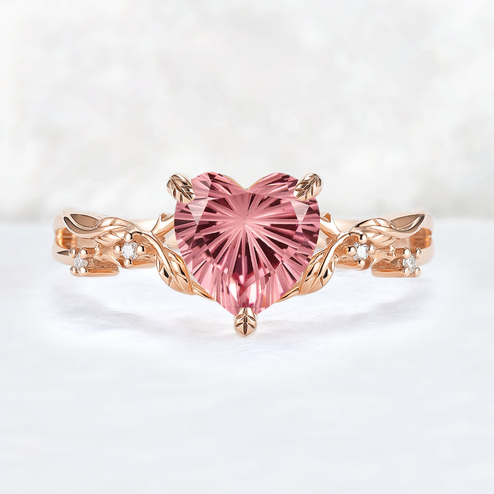 Fire Cut Heart Shaped Pink Sapphire Leafy Gemstone Ring
