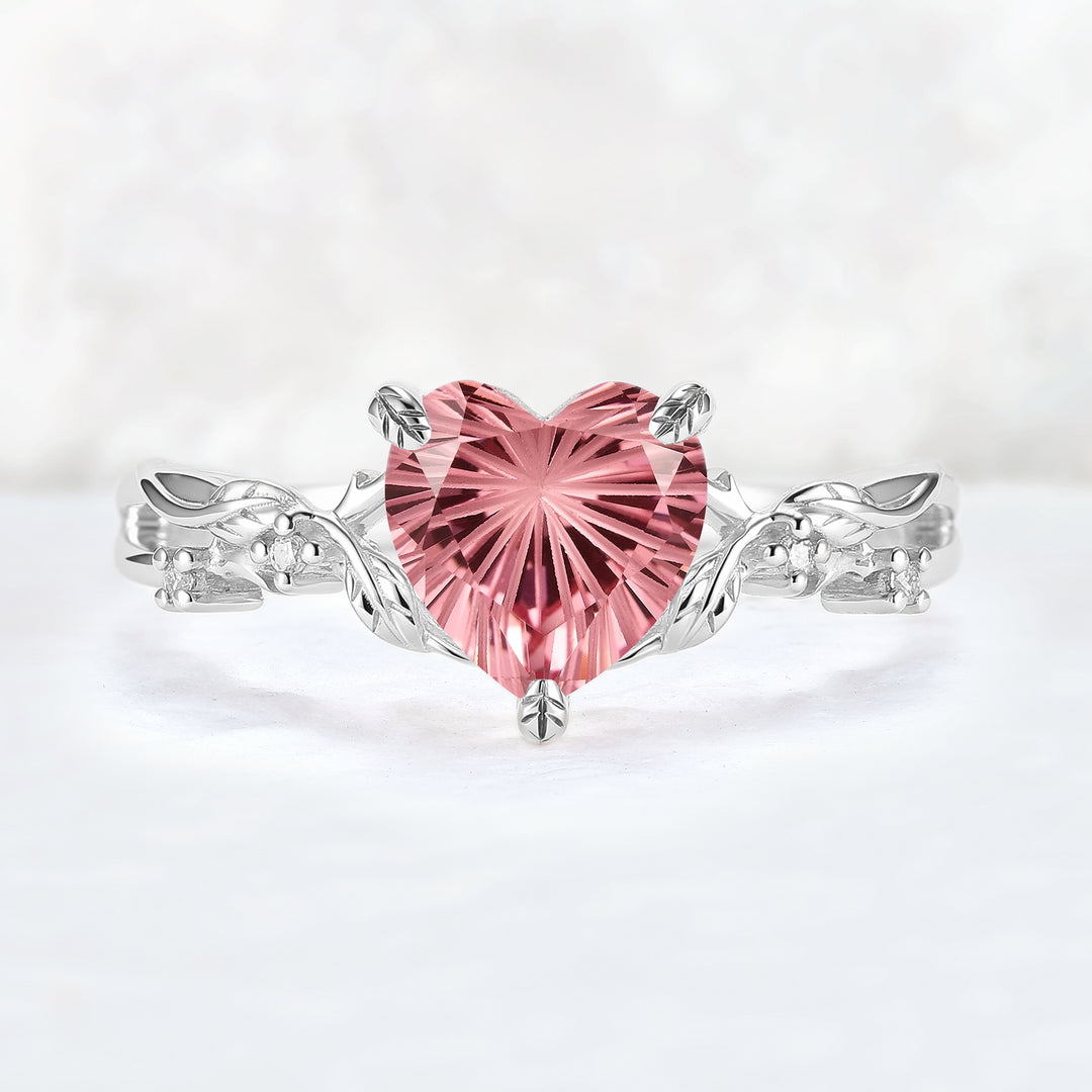Fire Cut Heart Shaped Pink Sapphire Leafy Gemstone Ring