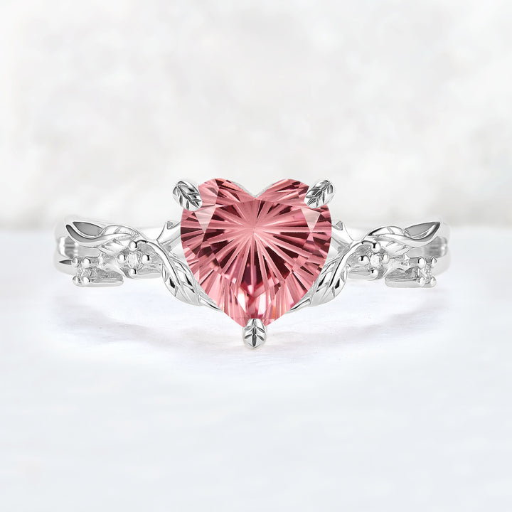 Fire Cut Heart Shaped Pink Sapphire Leafy Gemstone Ring