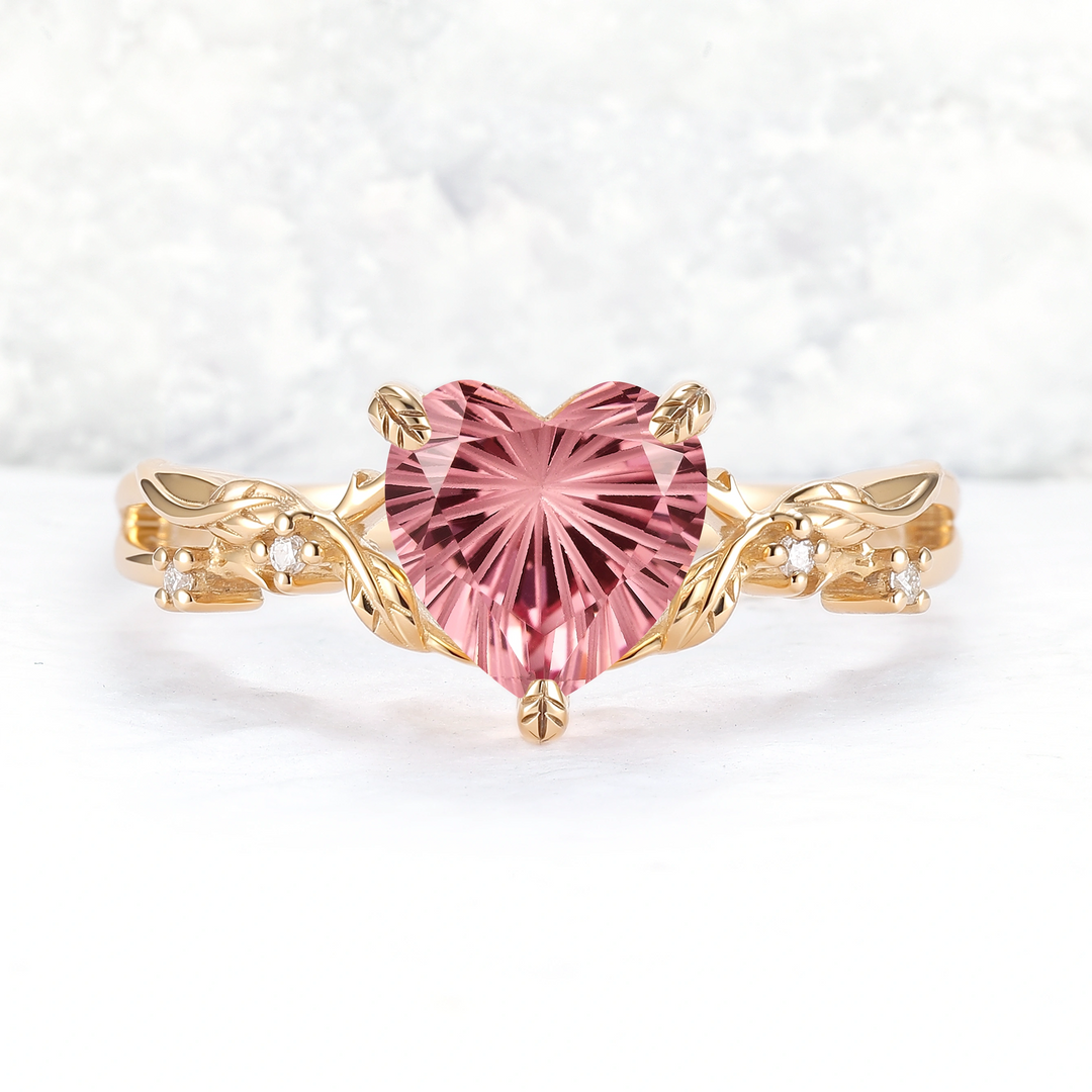 Fire Cut Heart Shaped Pink Sapphire Leafy Gemstone Ring
