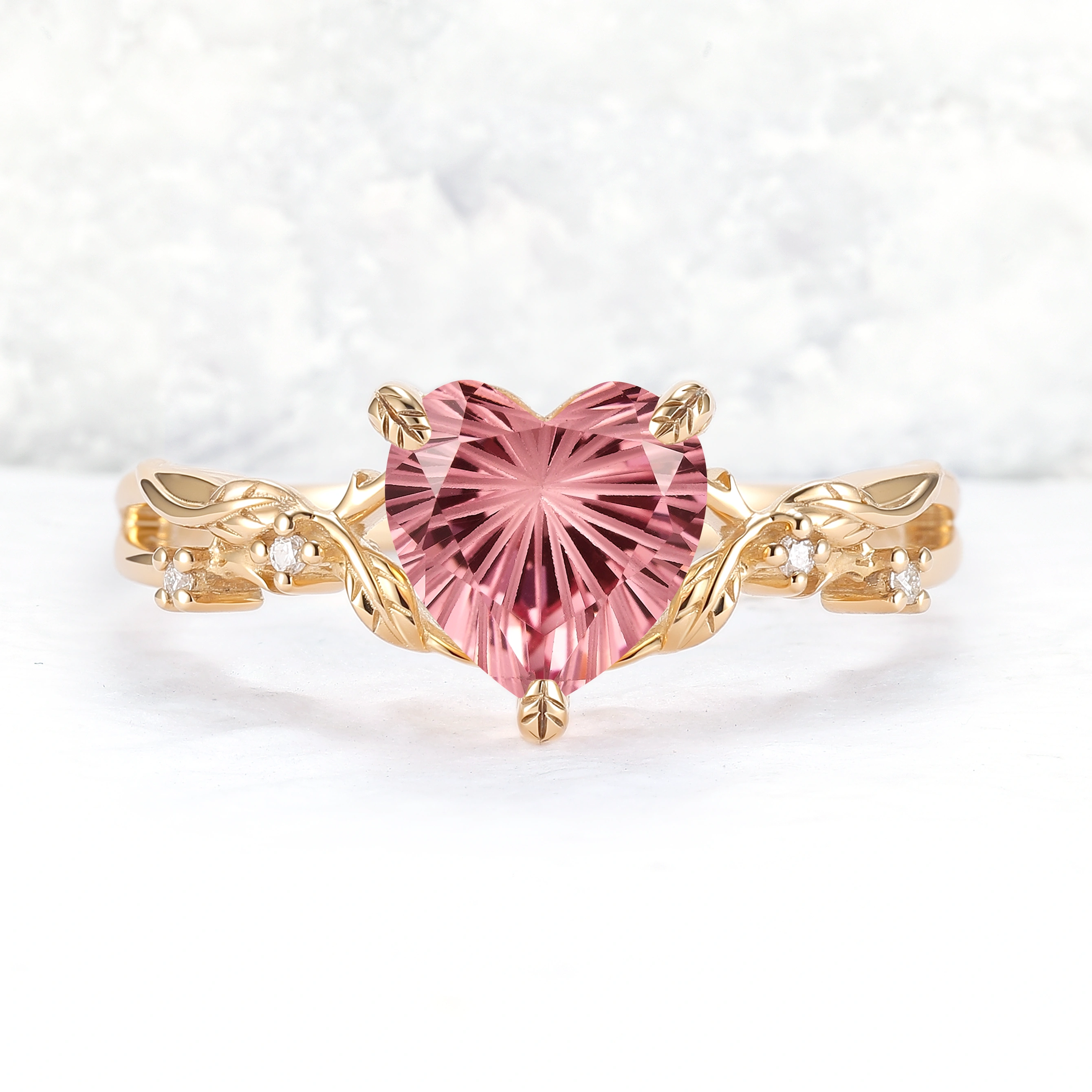 Fire Cut Heart Shaped Pink Sapphire Leafy Gemstone Ring