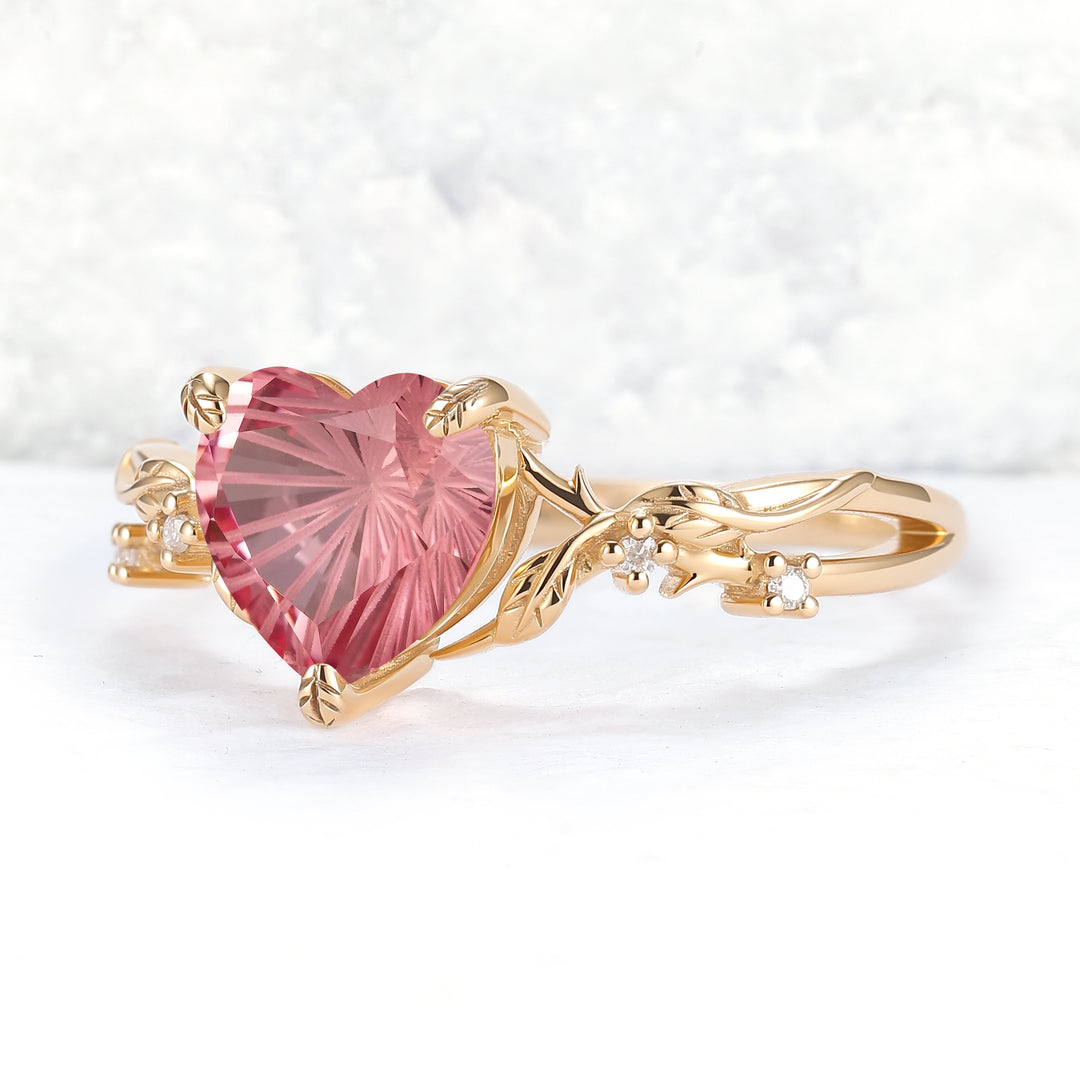 Fire Cut Heart Shaped Pink Sapphire Leafy Gemstone Ring