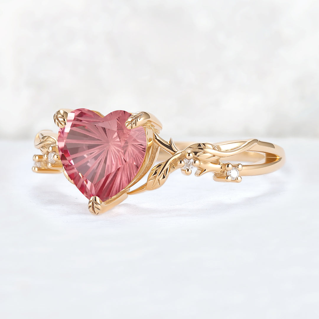Fire Cut Heart Shaped Pink Sapphire Leafy Gemstone Ring
