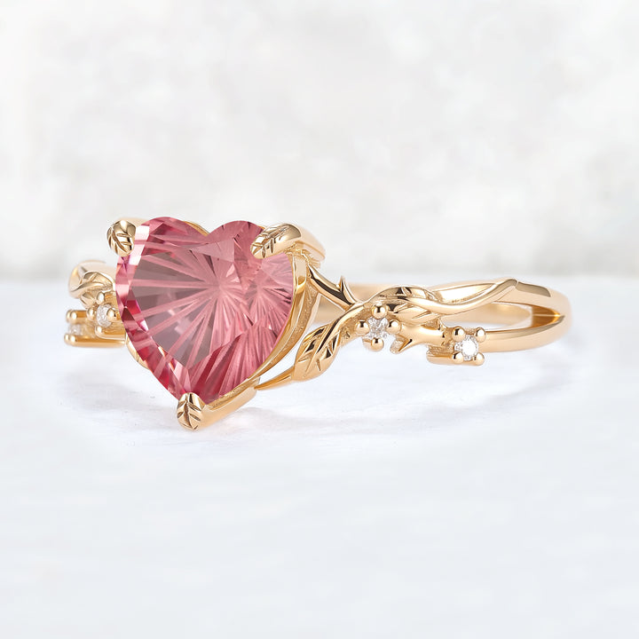 Fire Cut Heart Shaped Pink Sapphire Leafy Gemstone Ring