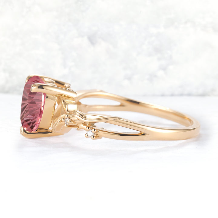 Fire Cut Heart Shaped Pink Sapphire Leafy Gemstone Ring