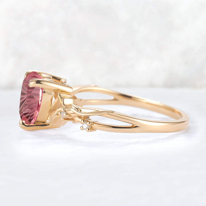 Fire Cut Heart Shaped Pink Sapphire Leafy Gemstone Ring