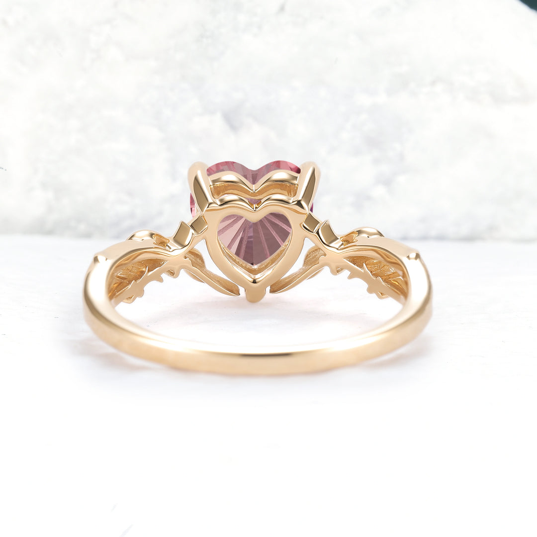 Fire Cut Heart Shaped Pink Sapphire Leafy Gemstone Ring