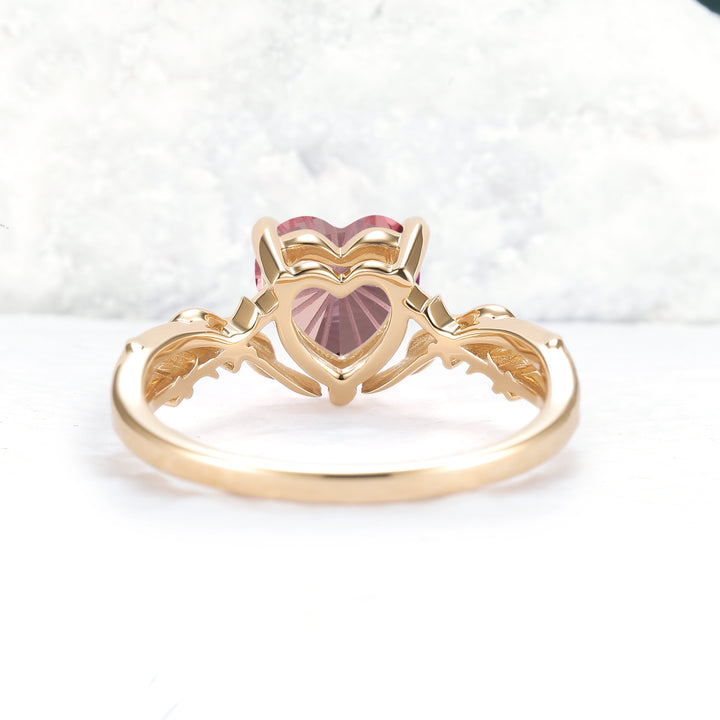 Fire Cut Heart Shaped Pink Sapphire Leafy Gemstone Ring