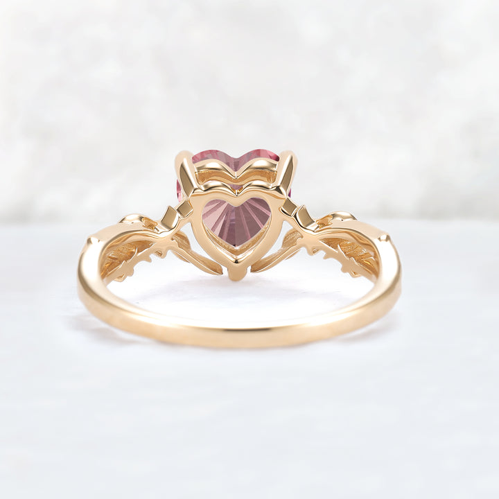 Fire Cut Heart Shaped Pink Sapphire Leafy Gemstone Ring