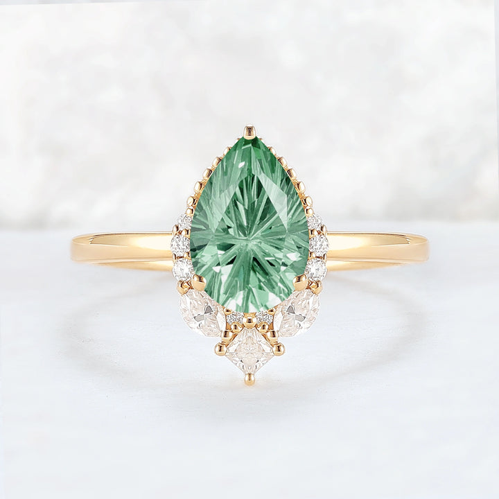 Fire Cut Pear Shaped Lab Green Sapphire Gemstone Ring