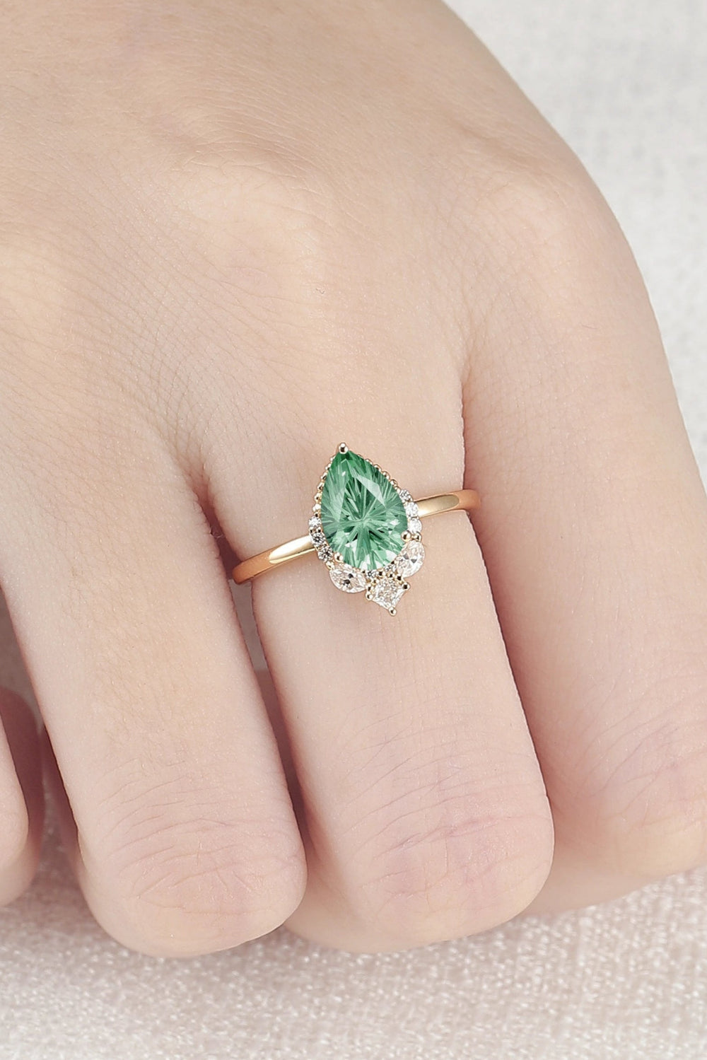 Fire Cut Pear Shaped Lab Green Sapphire Gemstone Ring