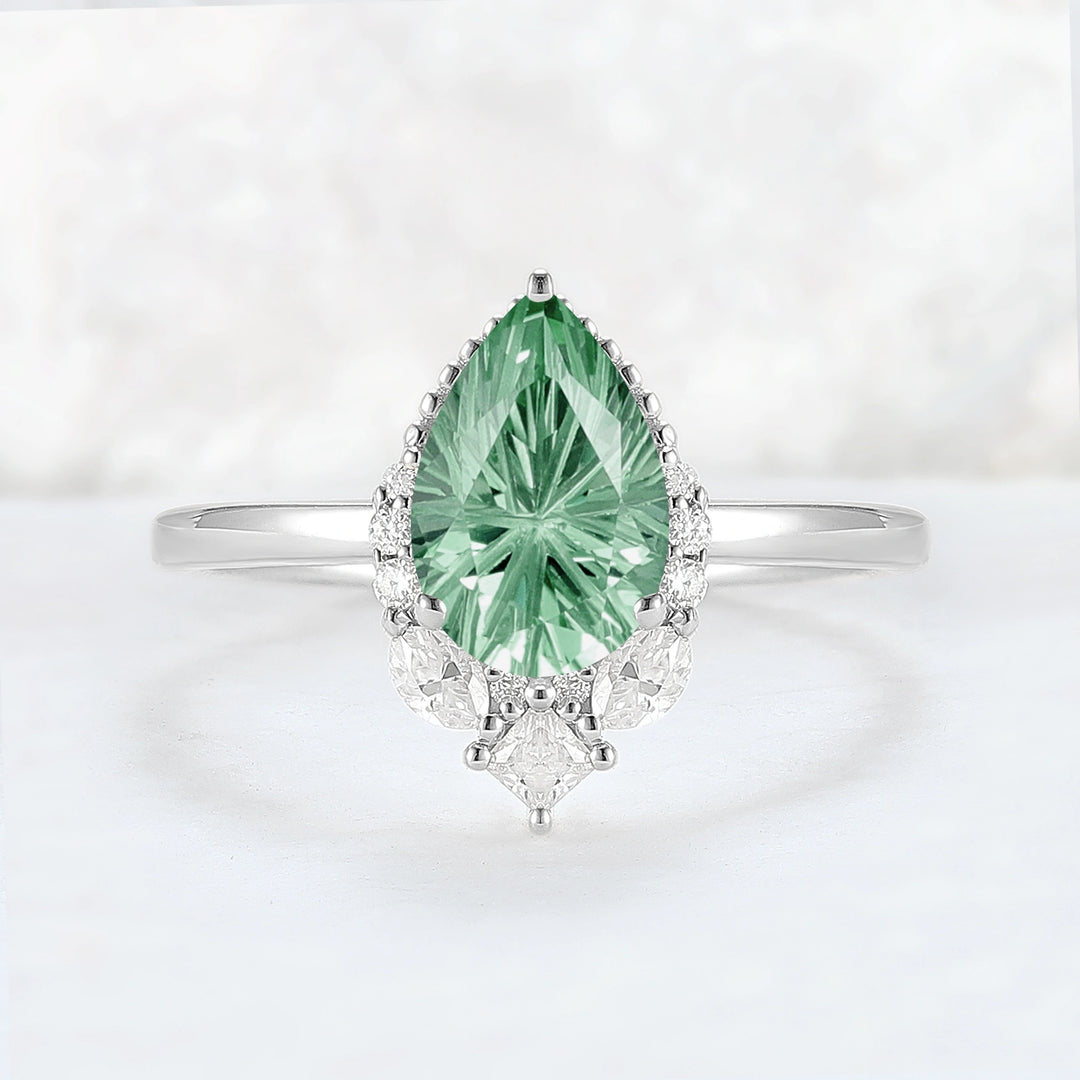 Fire Cut Pear Shaped Lab Green Sapphire Gemstone Ring