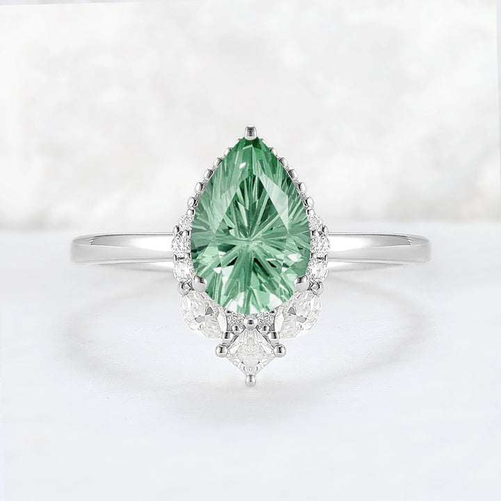 Fire Cut Pear Shaped Lab Green Sapphire Gemstone Ring