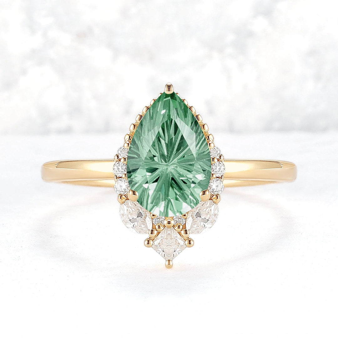 Fire Cut Pear Shaped Lab Green Sapphire Gemstone Ring